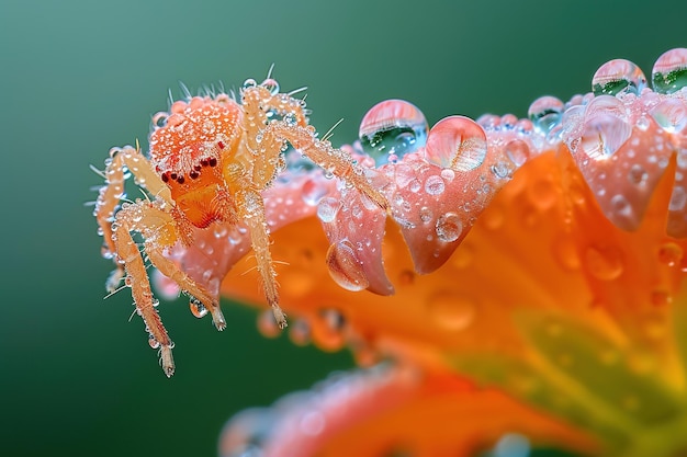 Fotografía macro de un pulgón naranja en una hoja con gotas de agua