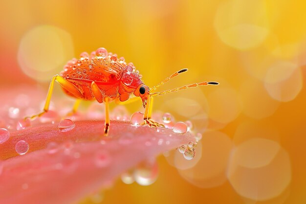 Fotografía macro de un pulgón naranja en una hoja con gotas de agua