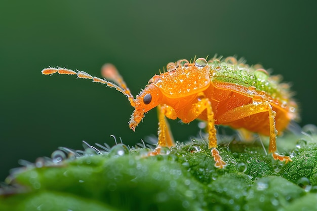 Fotografía macro de un pulgón naranja en una hoja con gotas de agua