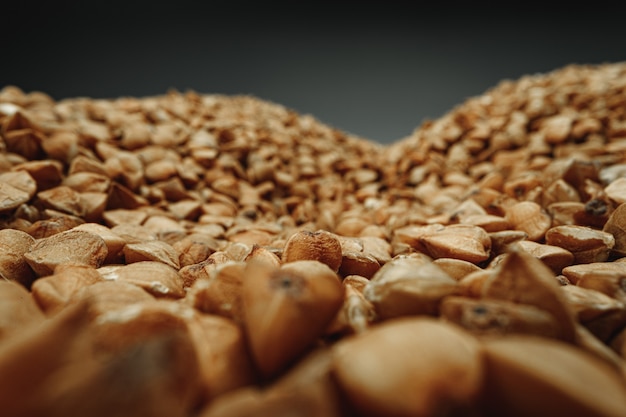 Fotografía macro de un puñado de grano de trigo sarraceno seco