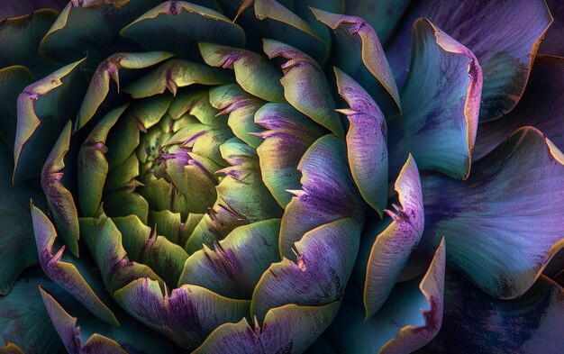 Una fotografía macro que captura los intrincados detalles y los fascinantes tonos púrpuras de una flor de alcachofa