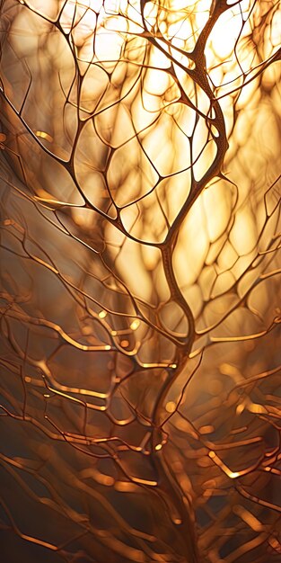 Fotografía macro de ramas entrelazadas de árboles enmarcadas por luz cálida