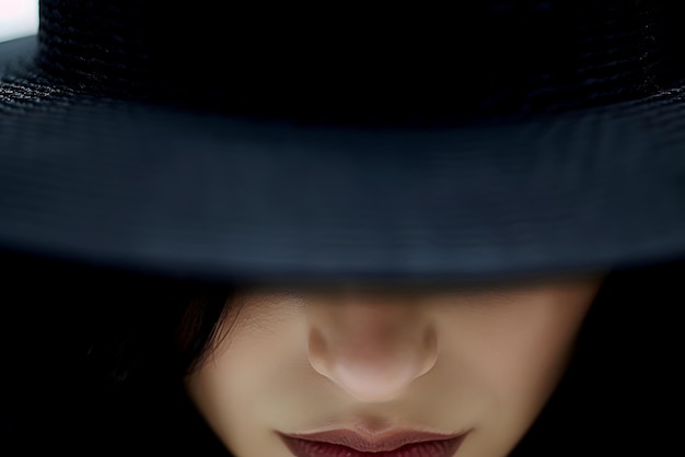 Fotografía macro de rostro de mujer escondido bajo un elegante sombrero negro de ala grande