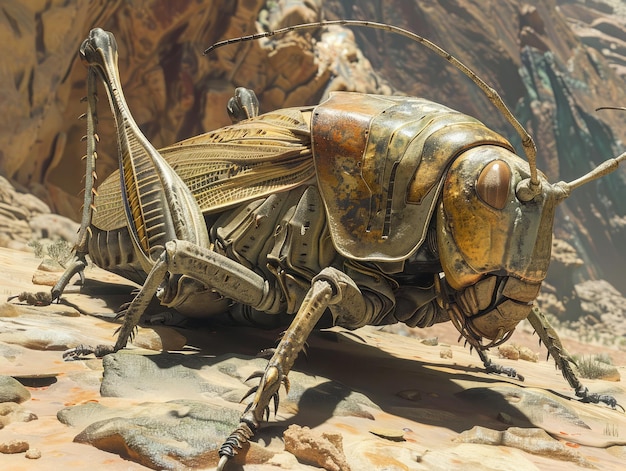 Fotografía macro de un saltamontes en terreno rocoso bajo la luz del sol que ilustra la vida de los insectos y la entomología