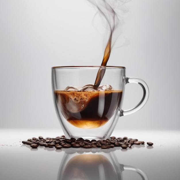 Foto fotografía macro taza transparente con café humeante sobre un fondo blanco