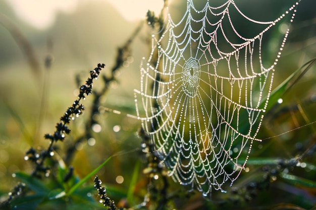 Fotografía macro de una tela de araña que captura las delicadas hebras de una red de araña