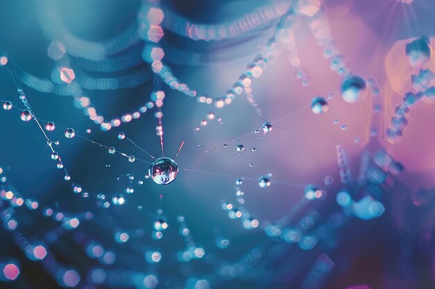 Fotografía macro de una telaraña con gotas de rocío en luz etérea