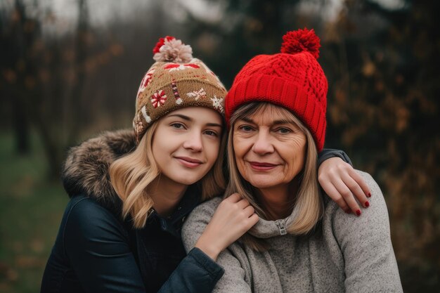 Fotografía de una madre e hija con sus sombreros de Navidad creados con IA generativa