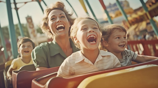 Fotografía de madre e hijos montando en una montaña rusa en un parque de diversiones.