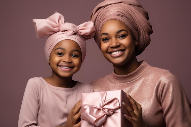 Una fotografía de una madre y una hija vestidas de celebración y sosteniendo regalos.