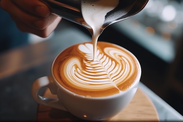 Fotografía de las manos de un abogado vertiendo hábilmente arte del latte en la superficie de una taza de café minimalista IA generativa