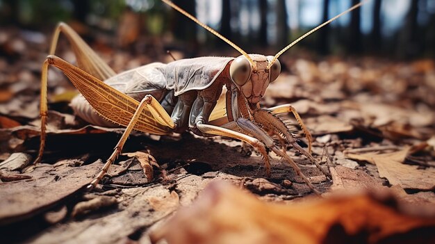 Foto fotografía de una mantis de hoja muerta en el suelo