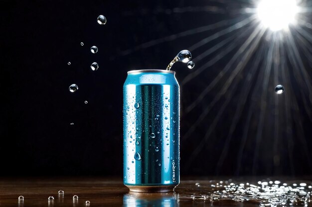 Foto fotografía de maqueta de embalaje del producto de una lata de refresco con gotas de agua sesión de fotos publicitarias de estudio