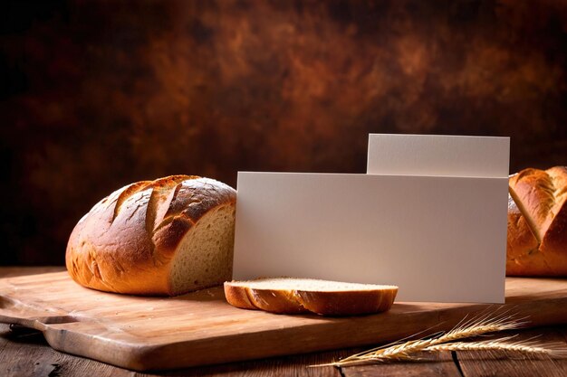 Foto fotografía de maquete de embalaje de producto de pan con tarjeta blanca en blanco sesión de fotos publicitarias de estudio