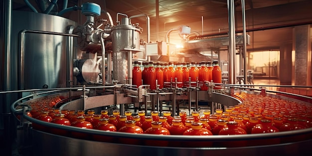 Fotografía de máquina llenadora de jugo de tomate en plantas industriales.