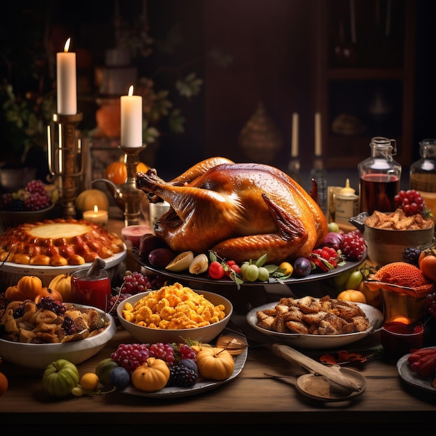 Fotografía de una maravillosa mesa de acción de gracias decorada llena de comida y detalles encantadores