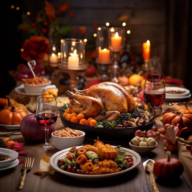 Fotografía de una maravillosa mesa de acción de gracias decorada llena de comida y detalles encantadores