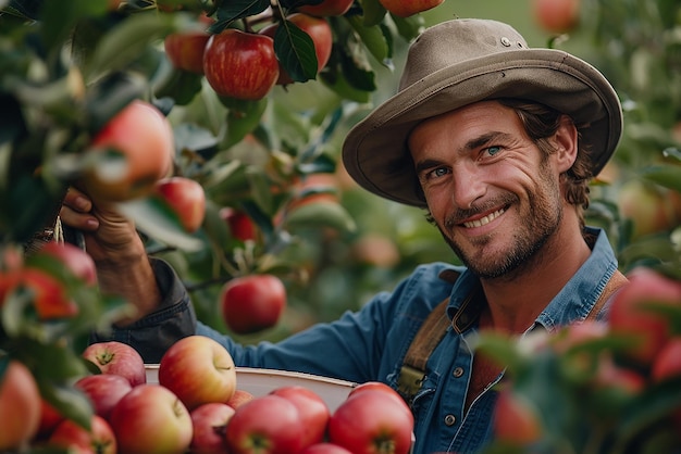 Foto fotografia média de um jovem fazendeiro a colher frutas