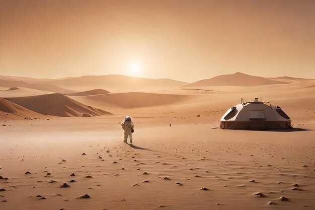 Fotografía media de dos astronautas examinando las incubadoras de plantas en una base de Marte