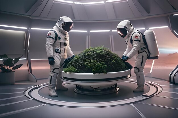 Fotografía media de dos astronautas examinando las incubadoras de plantas en una base de Marte