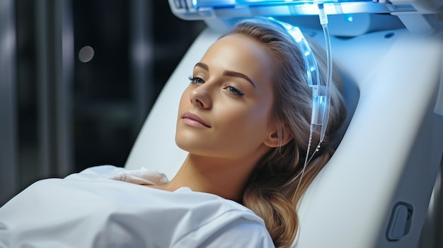 Foto fotografía media de una paciente acostada en una resonancia magnética o tomografía computarizada con la cama moviéndose dentro del dispositivo mientras escanea su cerebro