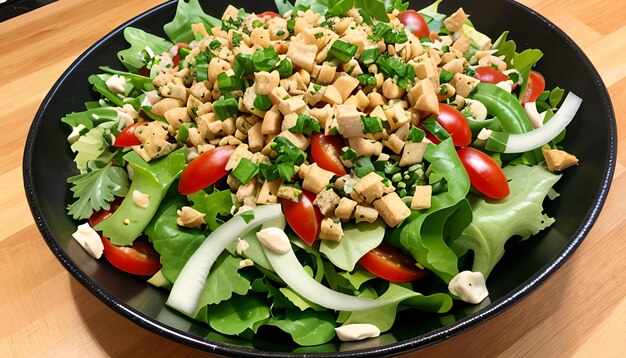 Fotografía de media toma de una deliciosa ensalada vegana con ingredientes frescos en un plato y un tenedor en corte negro