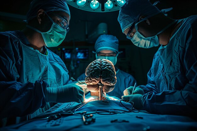 fotografía médica de tres cirujanos realizando una cirugía cerebral en un paciente tomada con luz brillante