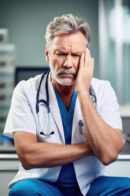 Fotografía de un médico adulto que sostiene la cabeza en las manos y se siente estresado en el trabajo