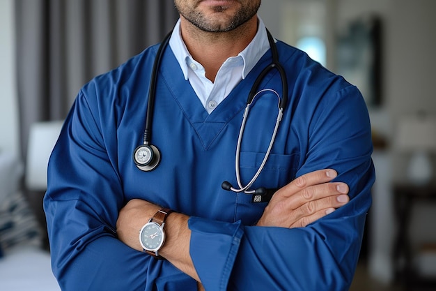 Foto fotografía de un médico con una bata azul con los brazos cruzados en una postura de seguridad