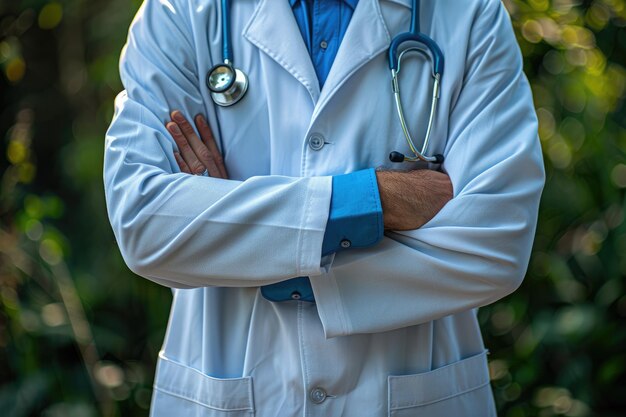 Fotografía de un médico con una bata azul con los brazos cruzados en una postura de seguridad