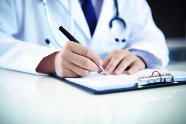 Fotografía de un médico escribiendo notas en su cuaderno creado con IA generativa