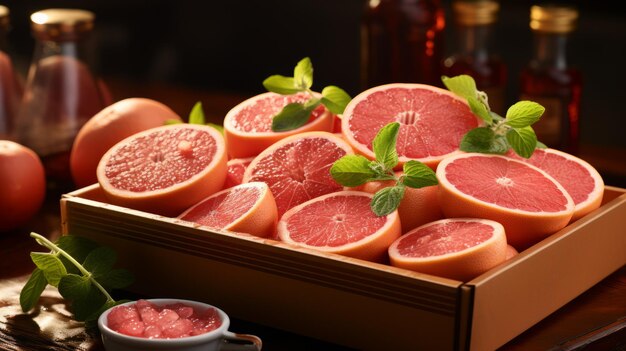 Foto fotografía de mesa de caja de pomelo luminiscente para la entrega de alimentos