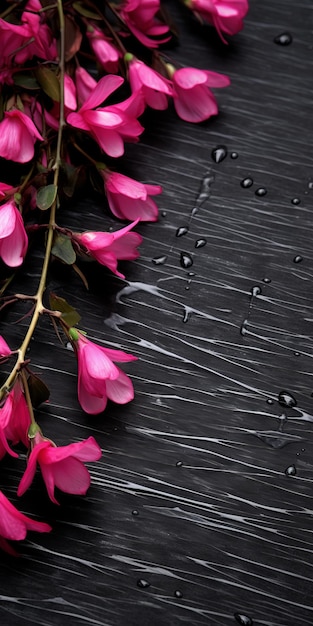 Fotografía de mesa visualmente táctil Flores rosas en negro con gotas de agua