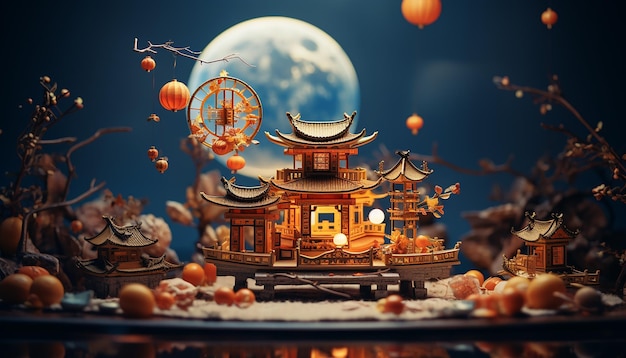 Fotografía mínima del festival de mediados de otoño con objetos en miniatura Sesión de fotos creativa del festival para com