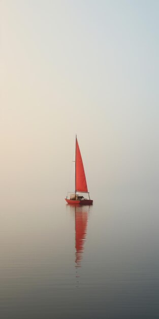 Fotografia minimalista de sonho Barco a vela vermelho em águas nebulosas