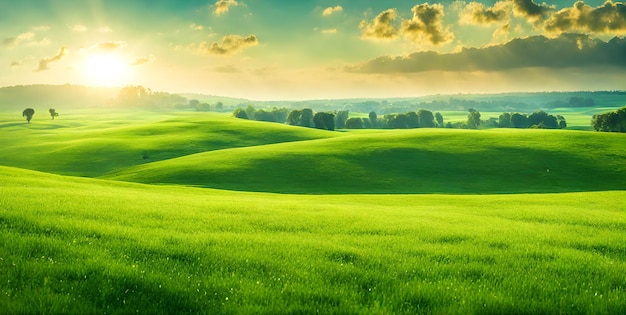 Fotografía minimalista que captura un paisaje de verano soleado con una exuberante vegetación verde