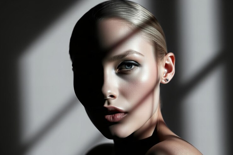 Fotografía de moda gris de una impresionante supermodelo con sombras intensas