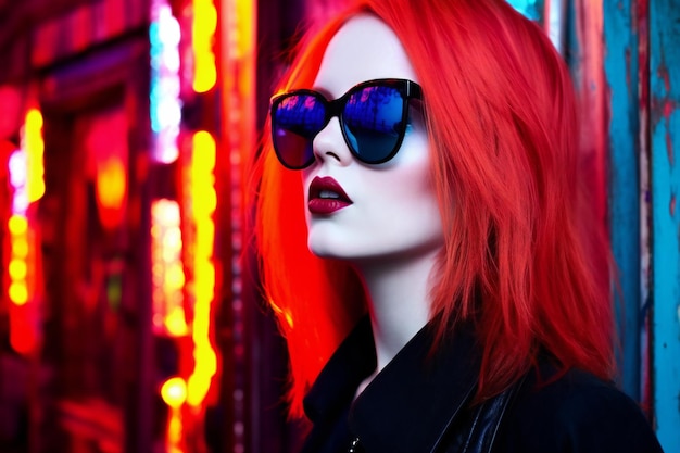 Fotografía de moda de una hermosa mujer joven con cabello rojo y gafas de sol