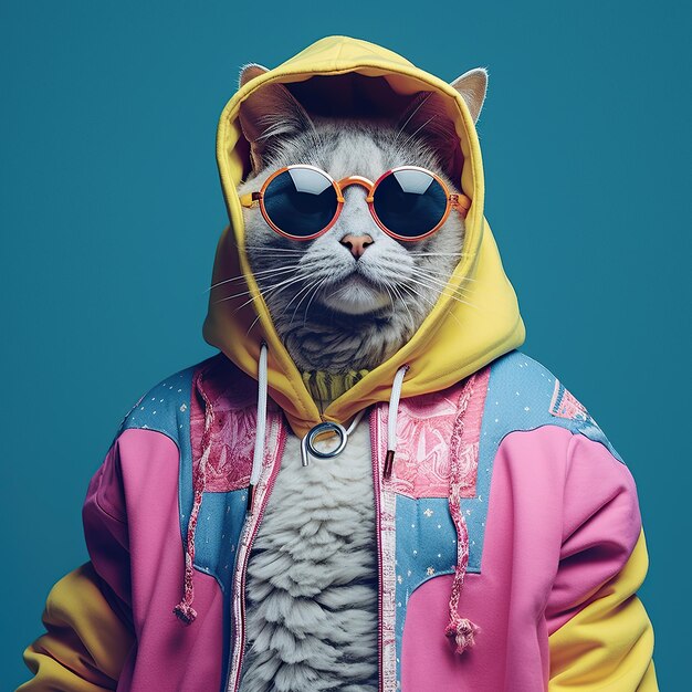 Fotografía de moda de un lindo perro antropomórfico vestido con grandes ropas de hiphop de la década de 1980 con paleta pastel iridiscente rosa amarillo azul violeta colores vibrantes generados por IA