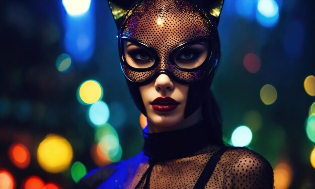 Fotografía de moda de una mujer hermosa con una máscara de carnaval