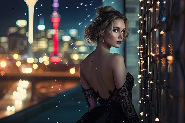 Fotografía de moda nocturna glamurosa con las luces de la ciudad como telón de fondo