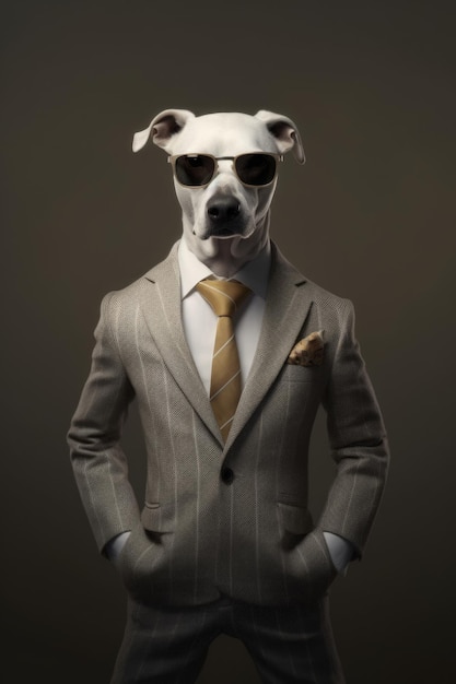 Fotografía de moda de un perro antropomórfico vestido como ropa de mujer de negocios en la oficina