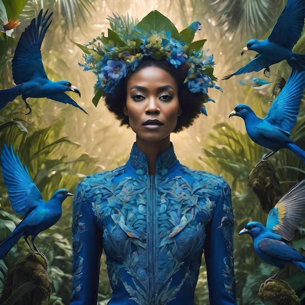 fotografía de moda retrato de avatar humano azul en la selva exuberante azul con flores y pájaros