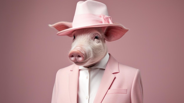 Fotografía de moda surrealista Un cerdo clásico en traje y sombrero