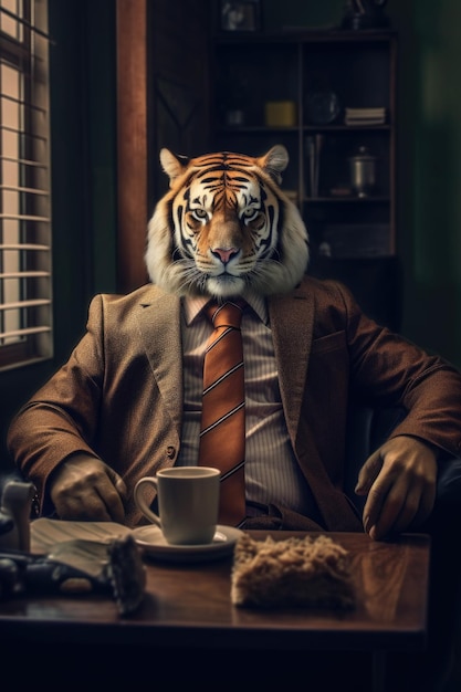 Fotografía de moda de un tigre antropomórfico vestido como ropa de hombre de negocios en la oficina
