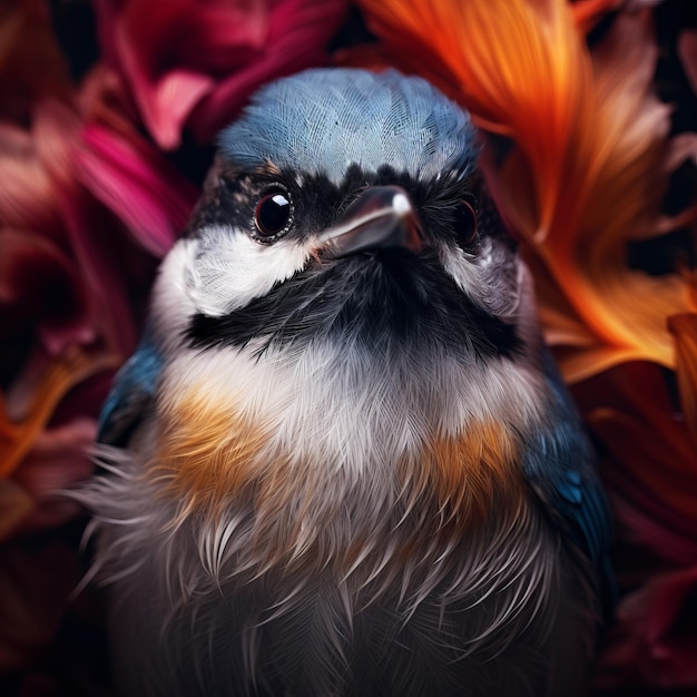 Foto fotografía de moda vibrantemente surrealista de un pájaro azul con un sombrero de flor