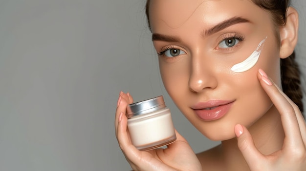 Una fotografía con una modelo femenina sosteniendo el producto de crema hidratante