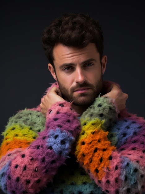 Fotografía de un modelo de hombre con una prenda de punto colorida