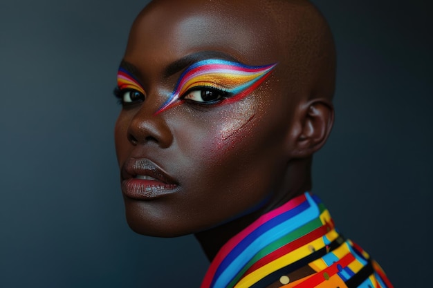 Fotografía de una modelo negra calva con maquillaje extravagante y vívido sobre un fondo gris oscuro