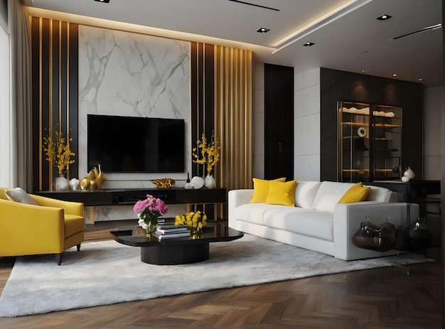 Fotografia moderna de luxo, cores ricas e amarelas, design de interiores de sala de estar moderna, renderização 3D